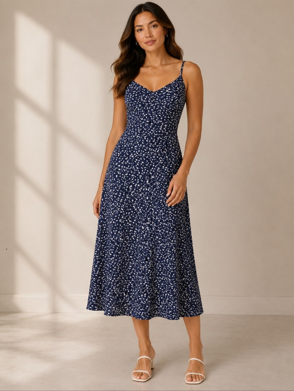 Bombshell Women’s XS Navy Floral Midi Dress Spaghetti Strap Vintage Style Dress